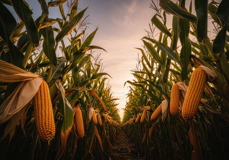 Golden corn cobs ready for harvest hanging on tall stalks in a large field. low angle perspective emphasizing agriculture, growth, and abundance at sunset.の素材