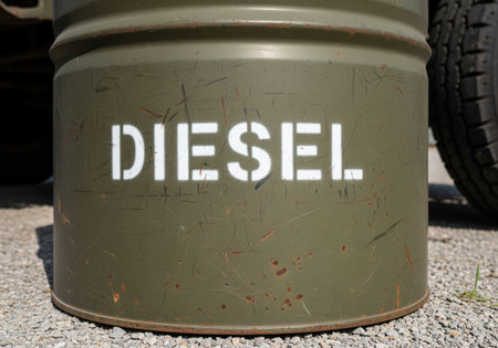 Olive green, heavy duty metal drum marked DIESEL, showing significant wear, scratches, and rust. symbolizes energy, logistics, industry, and fuel storage.の素材