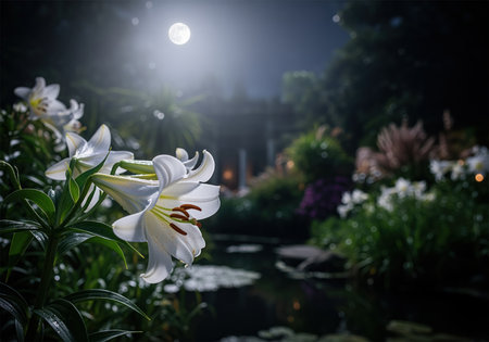 Elegant white lily flowers with dew drops blooming in a dark, mysterious botanical garden. full moon light shines brightly over the tranquil pond and lush foliage, creating an enchanting nocturnal scene.の素材