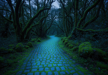 Winding cobblestone path covered in vibrant emerald moss leading deep into a dark, mysterious forest. gnarled, ancient trees line the way, creating an eerie, enchanted atmosphere.の素材