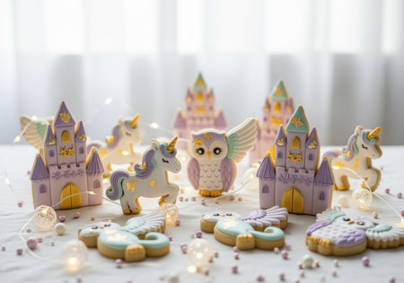 Magical unicorn, castle, and owl sugar cookies decorated with pastel lavender and gold icing, arranged with fairy lights for a whimsical party or celebration.の素材