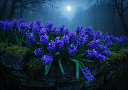 Deep purple hyacinths bloom vividly atop a moss covered ancient stone wall. night scene in a foggy forest, illuminated by a bright full moon, creating a mysterious and enchanting atmosphere.の素材