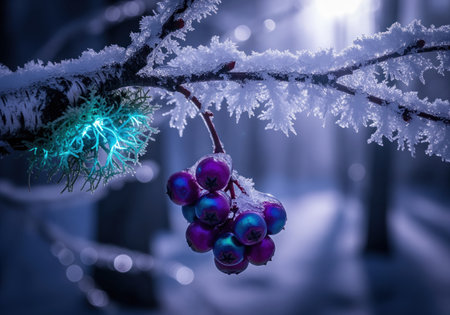 Iridescent purple berries and glowing cyan lichen suspended from a tree branch covered in sharp white hoarfrost. deep blue winter forest background with bokeh.の素材