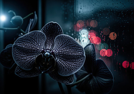 Dark orchid flower with intricate veins and water droplets captured in a dramatic macro shot. blurred red and white city lights create bokeh through a rain streaked window at night.の素材