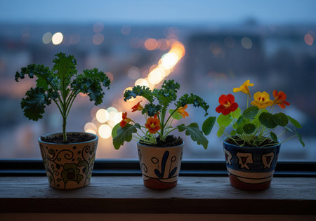 Potted kale and vibrant nasturtium flowers displayed on a wooden windowsill. blurred bokeh city lights illuminate the urban garden scene at dusk.の素材