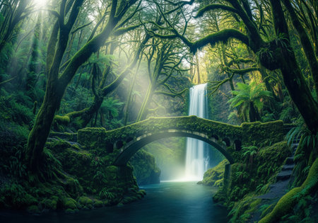 Ancient moss covered stone bridge arches over a dark river, set against a powerful waterfall in a dense, lush green forest. sun rays pierce the canopy, creating a mystical, serene atmosphere.の素材