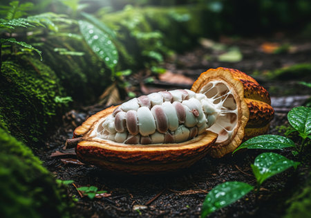 Raw cacao fruit pod freshly cut open, revealing the white pulp and beans inside, resting on dark, damp soil surrounded by lush tropical vegetation and moss.の素材