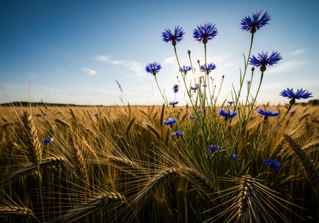 Blue cornflowers growing amidst ripe golden wheat ears in a large agricultural field. warm summer sunlight and clear blue sky. harvest and nature concept.の素材