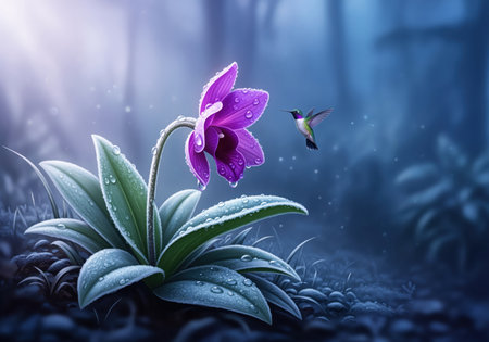 Purple orchid flower adorned with glistening dew drops stands in a dark, misty forest setting. a tiny hummingbird hovers nearby, drawn to the nectar. ethereal nature scene.の素材