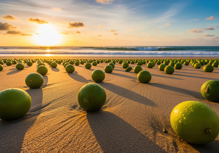 Fresh green limes covering the wet sand of a tropical beach at golden hour, creating a striking pattern extending toward the sea and bright horizon.の素材