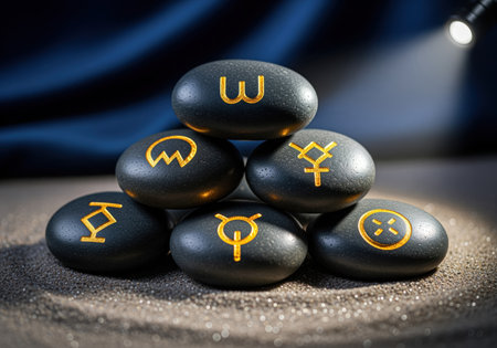 Polished black river stones stacked in a pyramid formation, each etched with a glowing golden esoteric glyph. dramatic studio lighting highlights the mystical symbols used for fortune telling and magic.の素材