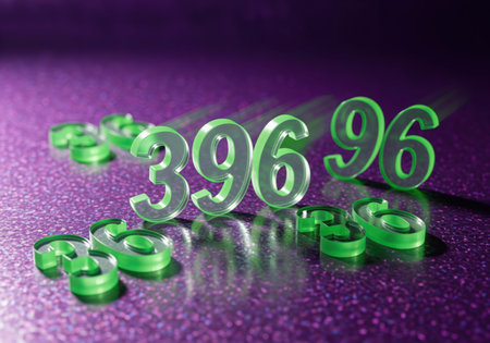 Translucent green acrylic numbers 396 displayed with a dynamic motion blur effect on a reflective, sparkling purple surface. abstract concept of speed, data, or finance.の素材