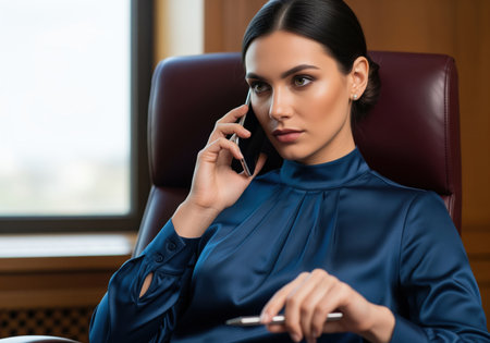 Focused young female executive wearing an elegant navy silk blouse, sitting in a leather office chair and talking seriously on a mobile phone. she holds a pen, suggesting concentration and professional communication in a corporate setting.の素材