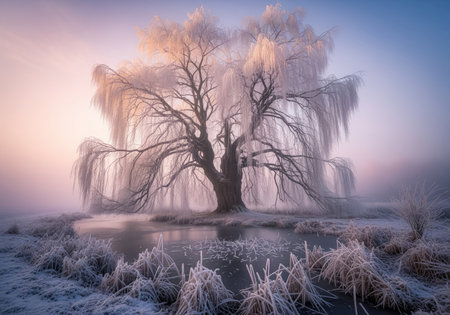 Towering weeping willow tree heavily draped with shimmering rime frost, standing beside a partially frozen pond in a misty, ethereal winter landscape during sunrise.の素材