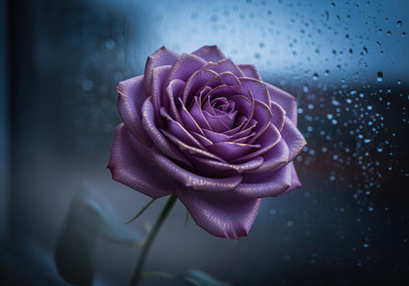 Luxurious purple rose with shimmering gold edges centered against a dark, rainy window pane covered in water droplets. symbolizes beauty, elegance, and mystery.の素材
