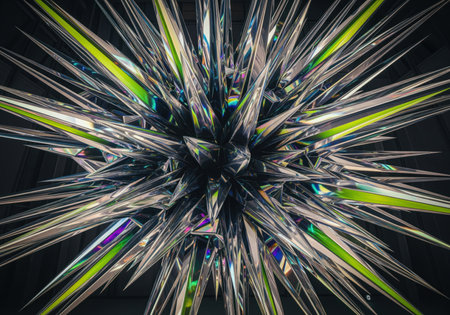 Abstract futuristic starburst sculpture composed of sharp, highly reflective metallic shards. the complex structure features vibrant green and iridescent light reflections against a dark background, symbolizing energy and technology.の素材