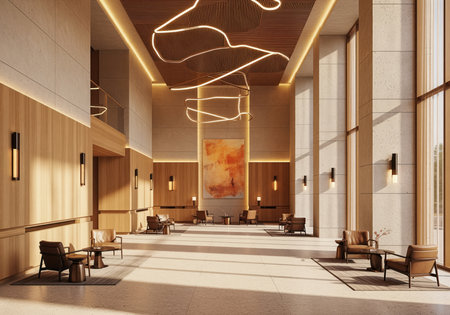 Luxurious modern hotel lobby featuring high ceilings, textured beige walls, warm wood paneling, contemporary leather seating, and abstract neon lighting fixtures. elegant architectural design.の素材