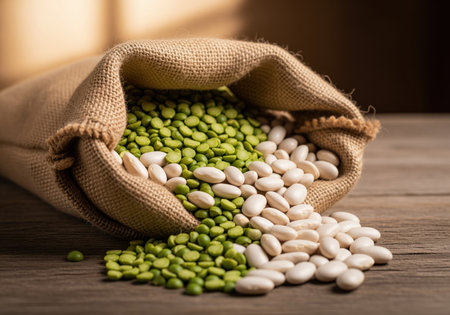 Dry green split peas and white beans spilling out of a rustic burlap sack onto a dark wooden surface. represents healthy eating, agriculture, and natural ingredients.の素材