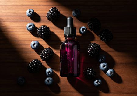Dark purple dropper bottle containing natural antioxidant berry serum, surrounded by fresh blueberries and blackberries on a dark wooden surface. dramatic lighting emphasizes luxury and organic skincare ingredients.の素材