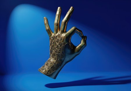 Ornate bronze hand sculpture displaying the universally recognized OK sign, symbolizing agreement, success, and perfection. detailed spiral patterns cover the wrist, dramatically lit on a deep blue studio background.の素材
