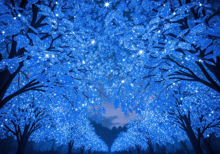 Avenue of trees illuminated by brilliant sapphire blue light, creating a glowing canopy tunnel. the iridescent leaves sparkle like stars in a dark, enchanted forest setting.の素材