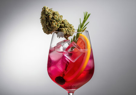 Cannabis bud resting on the rim of a refreshing pink cocktail served in a stemmed glass with ice, grapefruit, rosemary, and a cherry. represents modern cannabis consumption and legalization.の素材