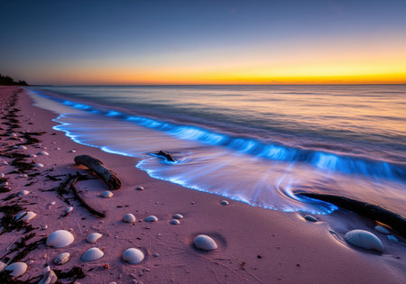 Bioluminescent blue waves glow brightly as they wash ashore onto a pink sand beach scattered with seashells and driftwood during twilight hours.の素材