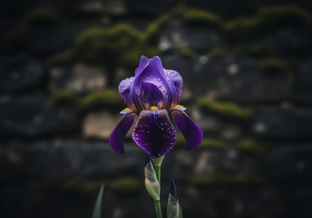 Deep indigo iris flower covered in sparkling water droplets, standing tall against a dark, moody background of a moss covered stone wall. focus on the vibrant purple color and natural beauty.の素材