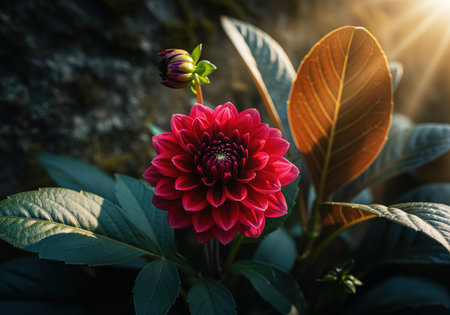 Vibrant red dahlia flower in full bloom with an accompanying bud, set against dark green foliage. dramatic sunbeam highlights the petals and a large bronze leaf, creating a moody, close up garden scene.の素材