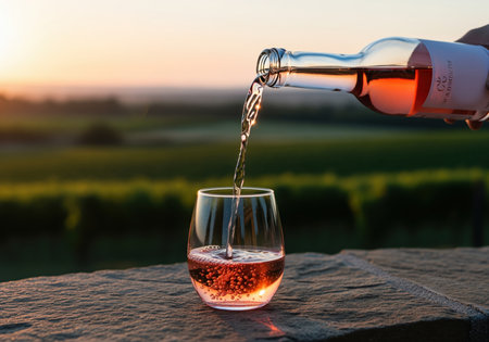 Pink rosÃ© wine being poured into a glass on a stone surface. the scene is set outdoors overlooking a vineyard during a warm, vibrant sunset.の素材