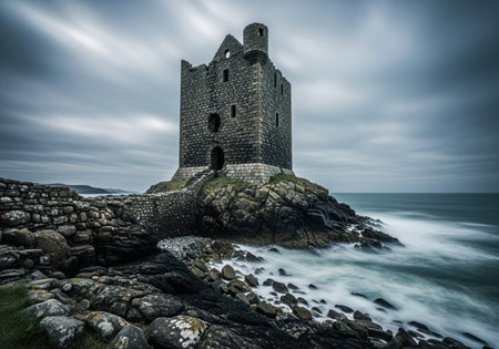 Medieval stone tower ruin standing on a rugged, rocky coastline. the long exposure captures the dramatic, moody atmosphere of the stormy sea and dark, cloudy sky.の素材