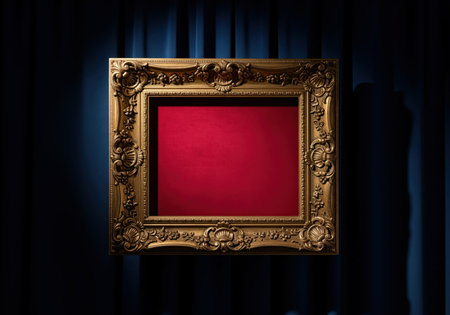 Intricately carved ornate gold baroque picture frame featuring a vibrant red interior space, dramatically lit against a dark blue velvet curtain backdrop. luxury display concept.の素材