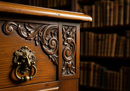 Antique carved oak furniture detail featuring elaborate scrollwork and a decorative brass lion head drawer pull. blurred background shows old books.の素材