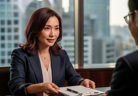 Confident japanese businesswoman in a dark suit presenting a contract document on a clipboard to a client during a business meeting in a high rise office setting.の素材
