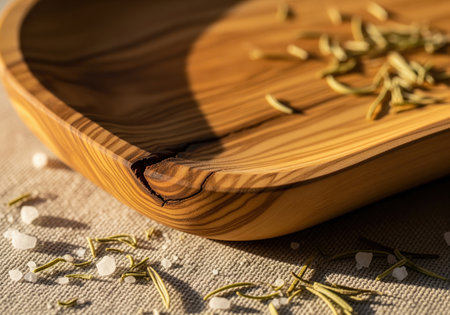 Rustic olive wood serving platter corner captured in extreme macro detail, showcasing natural grain texture, scattered coarse salt crystals, and dried rosemary sprigs on a linen surface.の素材