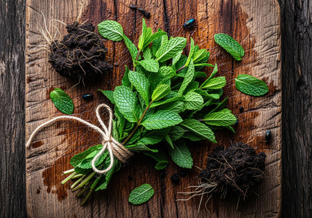 Freshly harvested bunch of mint sprigs tied with natural twine resting on a dark, rustic, wet wooden cutting board. scattered leaves and clumps of soil with roots emphasize the recent harvest and organic nature.の素材