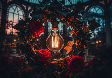 Vintage carbon filament light bulb suspended inside a dark, moody wreath composed of deep red roses and lush green ivy, set against a blurred glass conservatory background.の素材