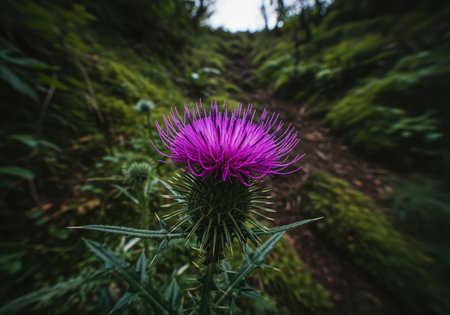 Purple thistle flower head, characterized by sharp spikes and vibrant magenta petals, captured in a low angle close up view along a dark, mossy forest trail.の素材
