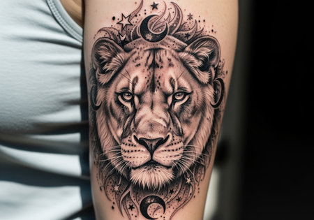 Lioness portrait tattoo featuring a fierce expression, detailed fur, and celestial patterns including crescent moons and stars, inked in black and gray on a woman upper arm. symbolizes strength and zodiac sign leo.の素材