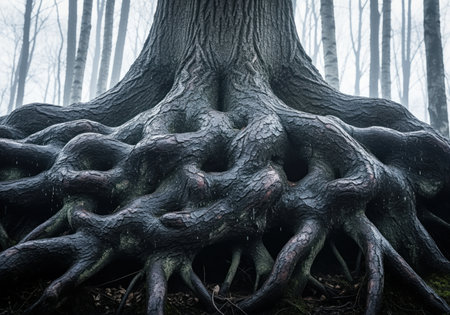 Massive, twisted root flare of an ancient tree gripping the forest floor. dark, moody scene in a misty woodland setting, symbolizing stability, strength, and nature.の素材