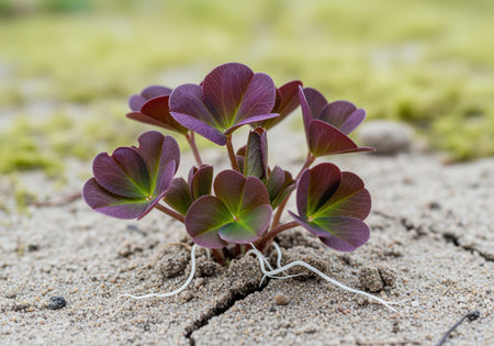 Delicate clump of purple clover sprouts with heart shaped purple and green leaves emerging from dry, cracked, sandy earth, symbolizing resilience and new life.の素材