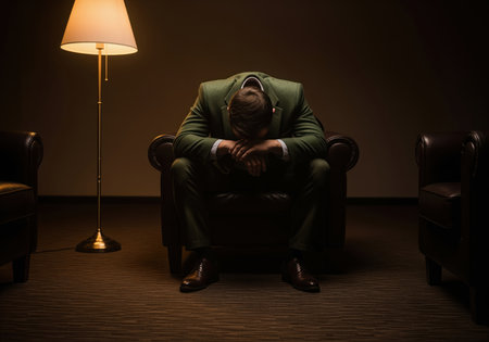 Defeated man in a suit sitting alone in a dimly lit executive lounge, expressing concepts of burnout, financial crisis, and mental health issues.の素材