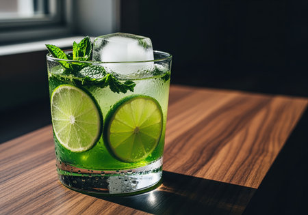 Refreshing green cocktail featuring lime slices, fresh mint, and a large ice cube, served in a glass on a dark wood surface under dramatic lighting.の素材