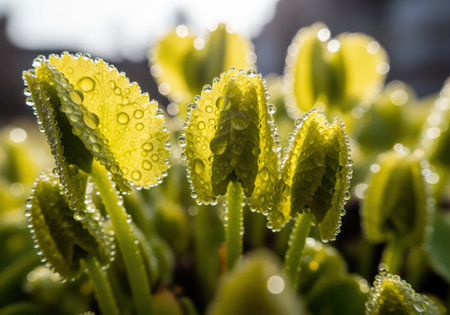 Vibrant macro view of fresh green young leaves covered in numerous clear water droplets, illuminated by bright morning sunlight, symbolizing growth and purity.の素材