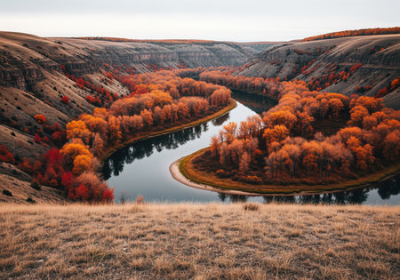 Winding river flowing through a deep canyon valley, flanked by dense forest displaying vibrant orange and red autumn foliage. scenic, majestic wilderness landscape captured from an aerial perspective.の素材