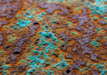 Heavily oxidized copper sheet metal surface featuring a rough, pitted texture. rich, uneven patches of rusty orange and vibrant turquoise patina create a detailed abstract background.の素材