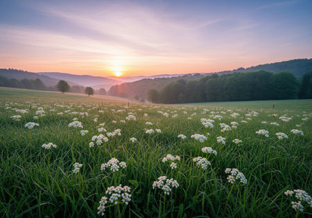 Majestic sunrise illuminating a serene valley meadow covered in lush green grass and delicate white wildflowers. soft morning light and mist drift over the rolling hills and forest.の素材