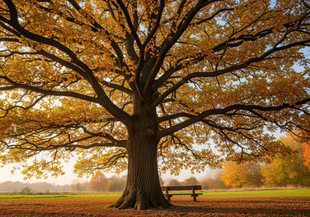 Majestic oak tree featuring a thick trunk and expansive canopy covered in golden yellow autumn leaves, standing over a wooden bench in a serene park landscape.の素材