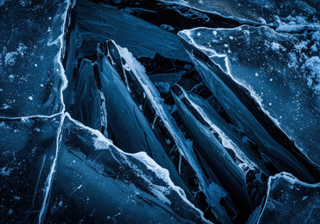 Sharp, jagged shards of deep blue and black ice forming a complex, abstract texture in a frozen crevice. detailed macro view highlighting the cold, crystalline structure, suitable for winter, climate, and abstract concepts.の素材