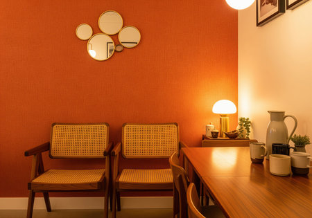 Two mid century modern wooden chairs with woven cane seats placed against a textured terracotta orange wall. the corner features a dining table, a retro mushroom lamp, and a cluster of circular decorative mirrors, creating a warm, stylish interior design aesthetic.の素材